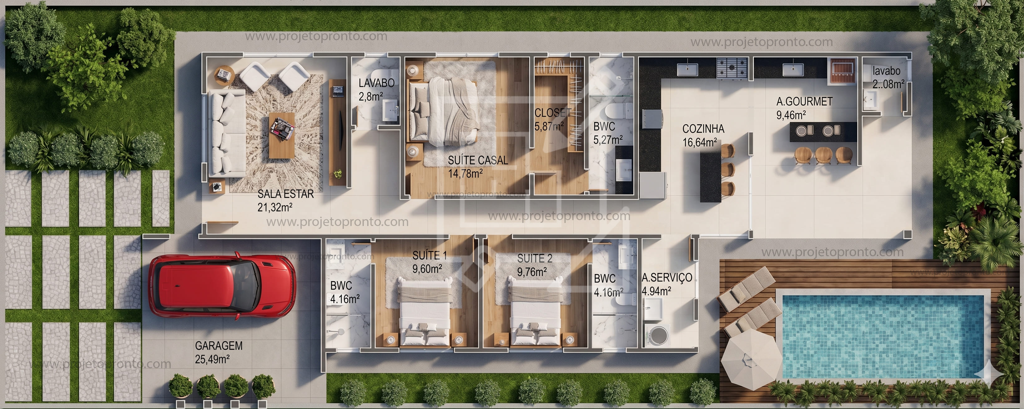 projeto casa de 3 quartos