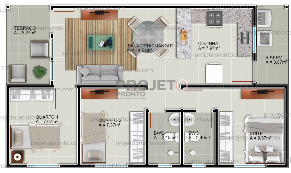 Projeto Pronto | Casa Térrea - 3 quartos - T22